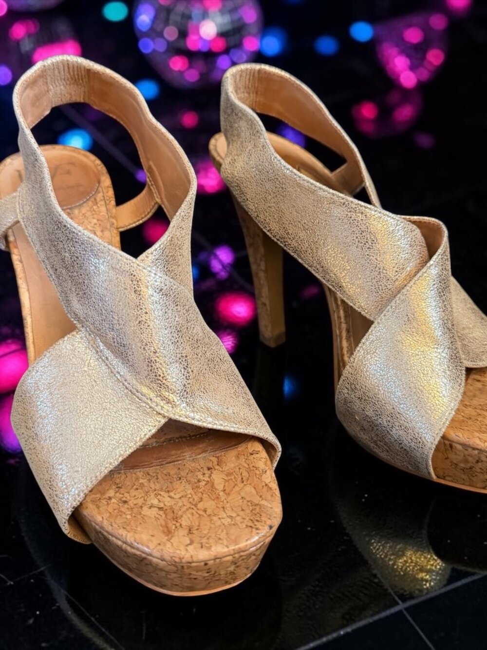 Diane von Furstenberg "ZIa" Gold Metallic Cork Platform Sandals Sz 8